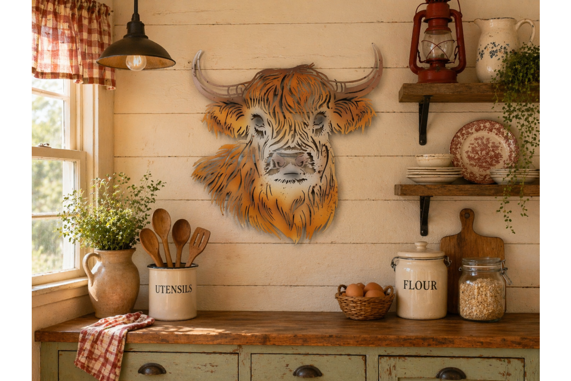 Highland Cow Head Wall Decoration Stylish Country Art LIVE LAUGH 