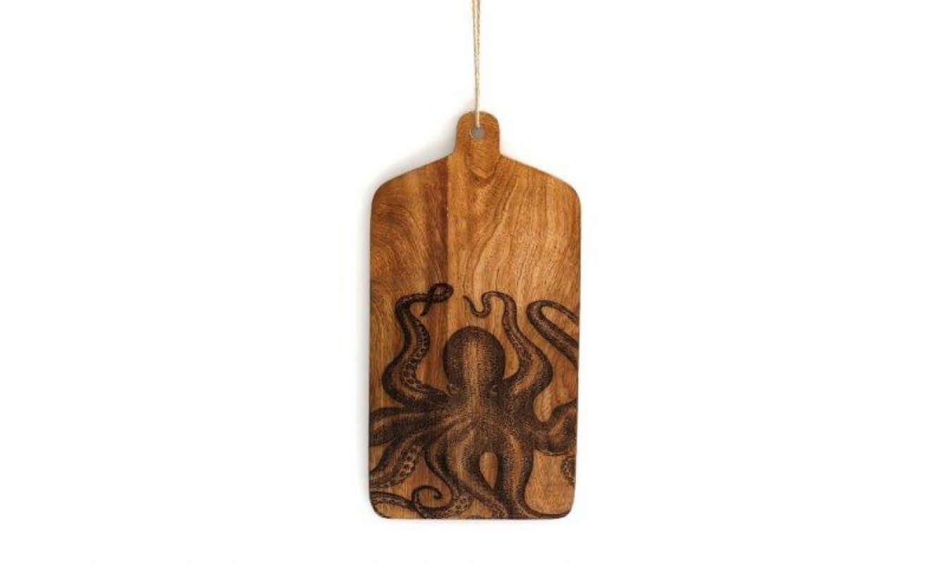 Natural Wood Cheese Boat with Octopus Design