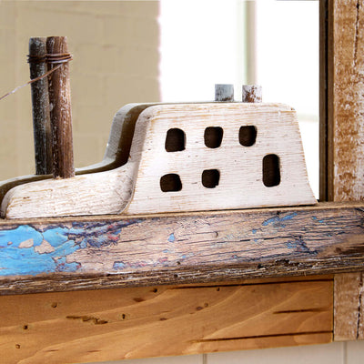 Nautical Themed Distressed Wooden Wall Mirror with Boat Detail