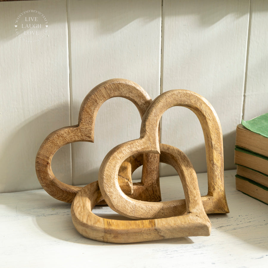 Wooden Intertwined Hearts – Rustic Shelf Sitter – LIVE LAUGH LOVE