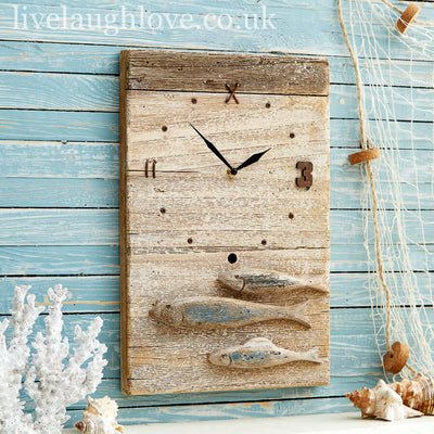 Nautical Driftwood Wall Clock with Fish Detail