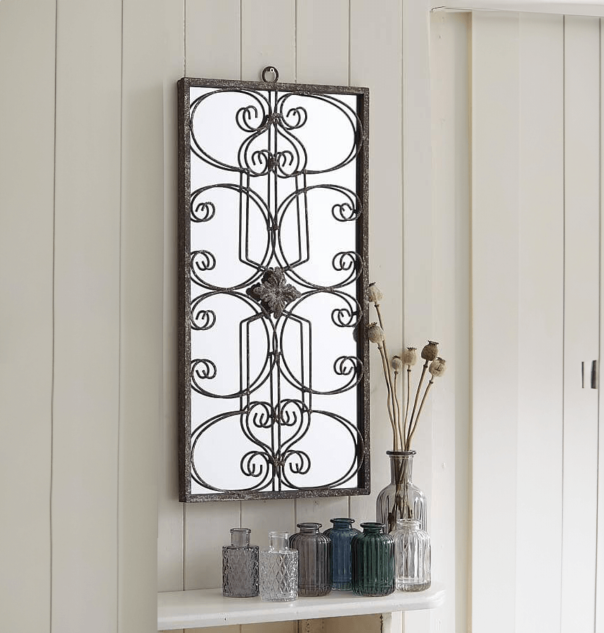 Rustic Wall Mirror With Scroll Metal Work
