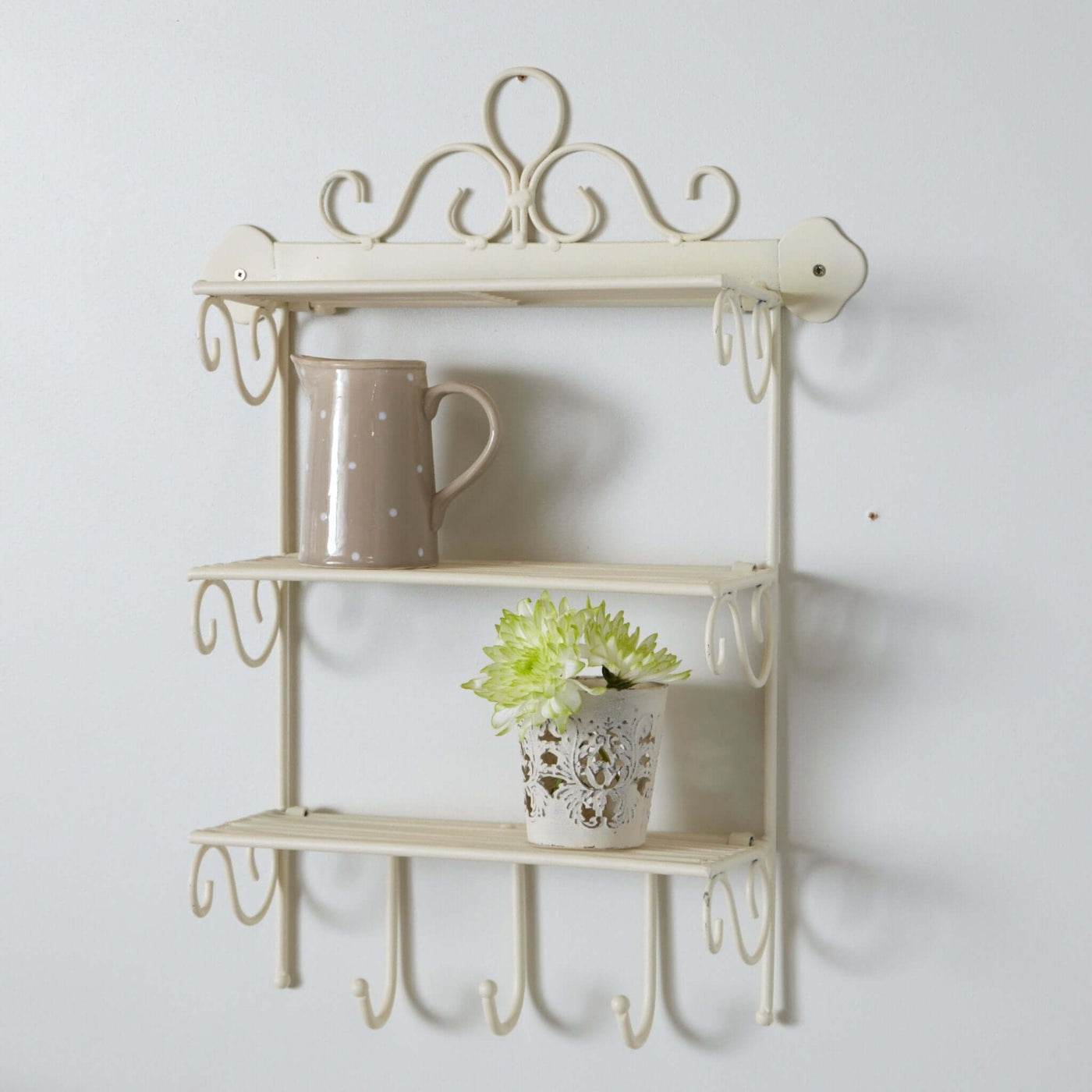 3-Tier Cream Painted Metal Shelf with Scrollwork and Hooks ***Seconds*** - LIVE LAUGH LOVE LIMITED