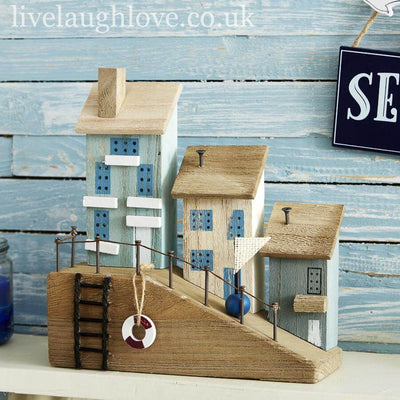 Coastal Scene Shelf Sitter W/ Huts & Ladder - LIVE LAUGH LOVE LIMITED