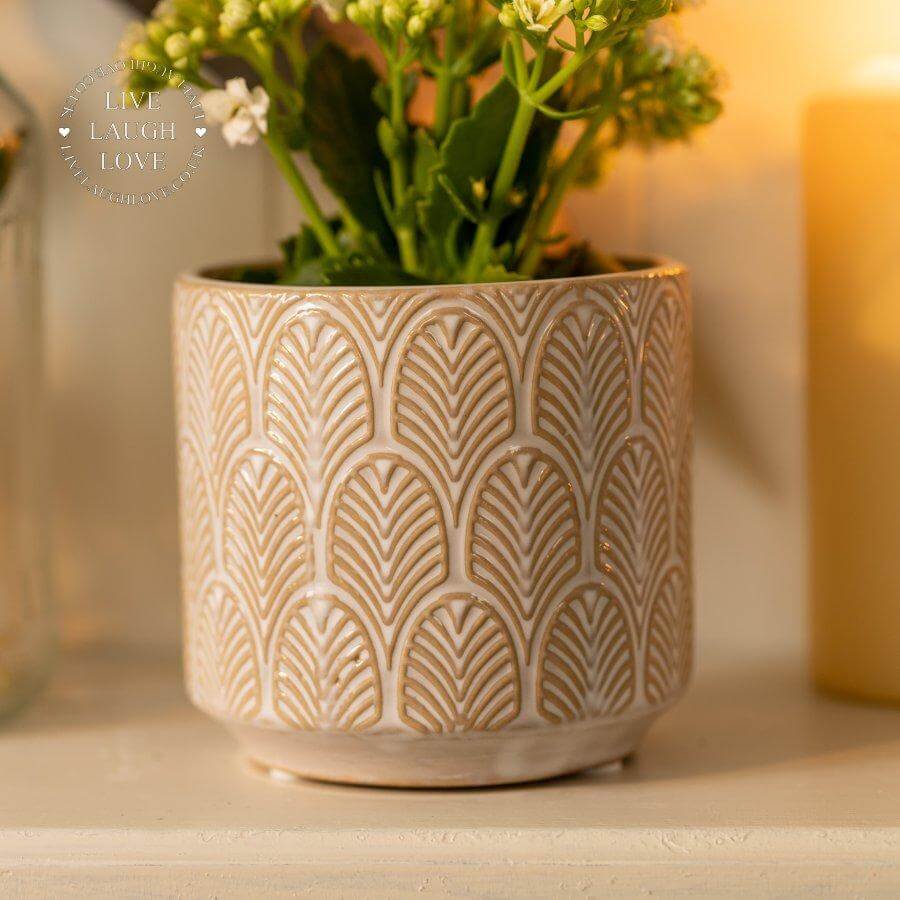 Cream Leaf Ceramic Patterned Pot - LIVE LAUGH LOVE LIMITED