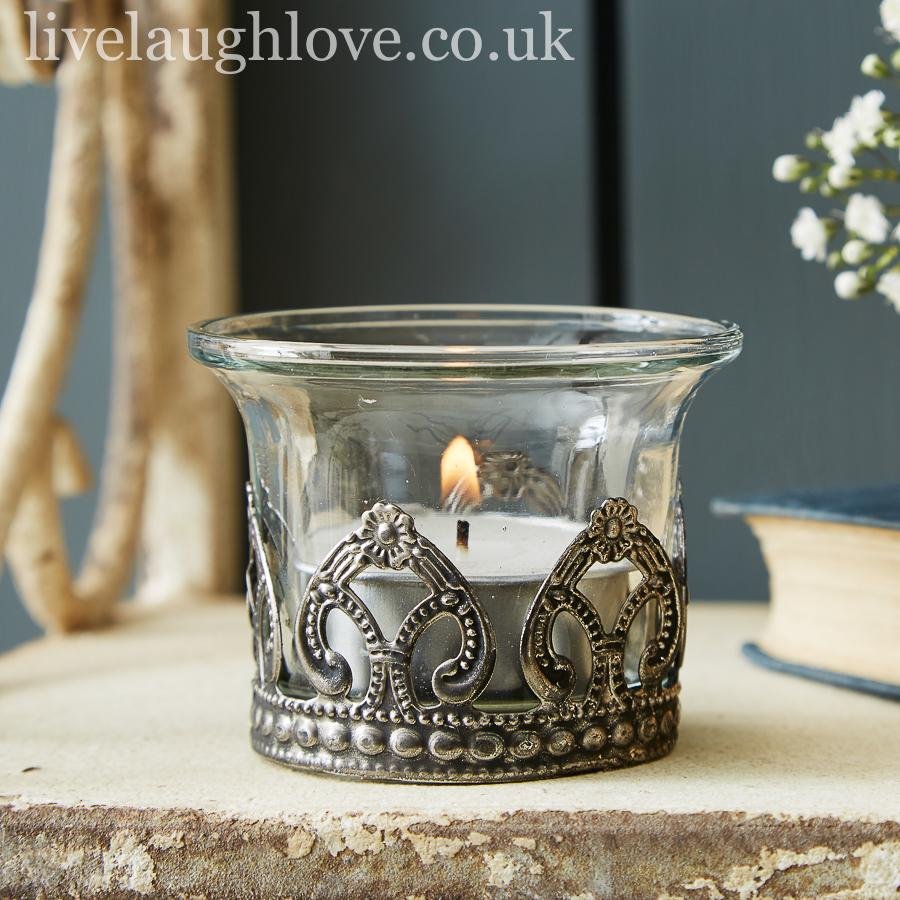 Fluted Glass Tea Light Holder With Metal Fretwork - LIVE LAUGH LOVE LIMITED