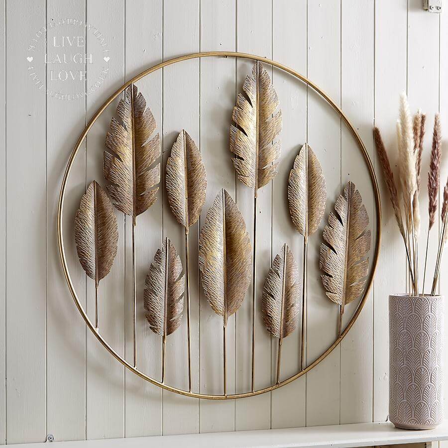 Large Gold Coloured Leaf Wall Mounted Decoration - LIVE LAUGH LOVE LIMITED