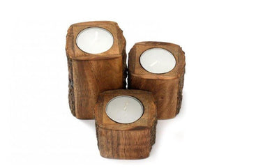 Natural Wooden Tea Light Holders with Bark Edge Detail - LIVE LAUGH LOVE LIMITED