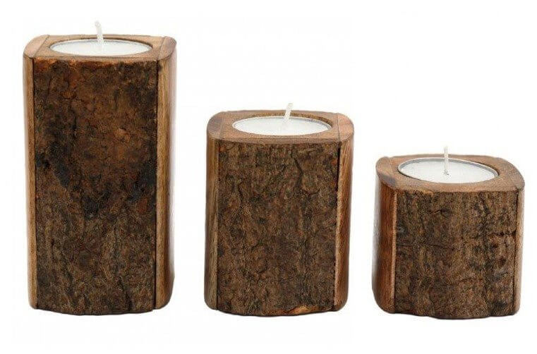 Natural Wooden Tea Light Holders with Bark Edge Detail - LIVE LAUGH LOVE LIMITED
