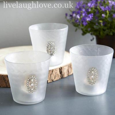 Se of 3 Large Glass Tea Light/Candle Holders With Oval Diamante Brooch ***Second*** - LIVE LAUGH LOVE LIMITED
