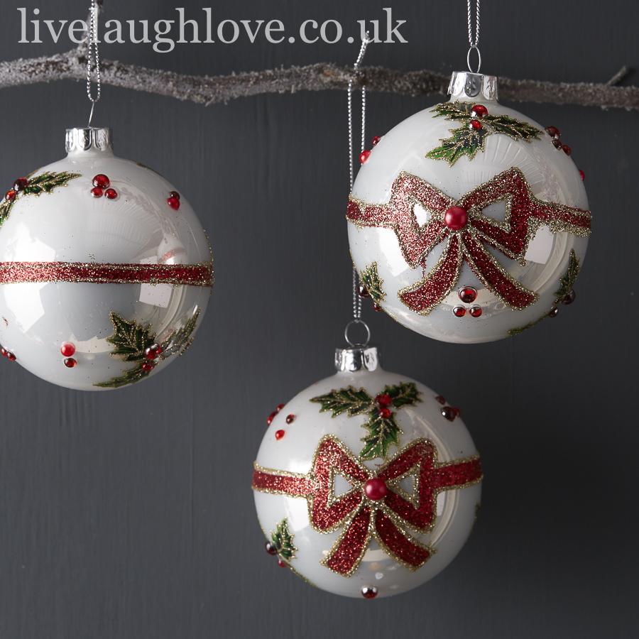 Set Of 3 Holly & Ribbon Decorative Glass Baubles - LIVE LAUGH LOVE LIMITED