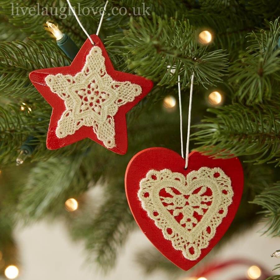 Star & Heart with Lace Wooden Hanging Decorations - PAIR | Live