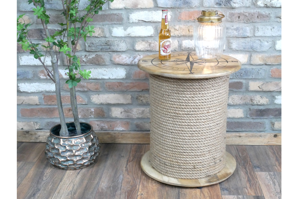 Nautical Rope Side Table with Compass Design – Coastal Style Wooden Spool Table