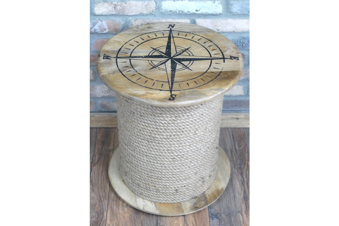 Nautical Rope Side Table with Compass Design – Coastal Style Wooden Spool Table