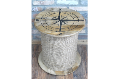 Nautical Rope Side Table with Compass Design – Coastal Style Wooden Spool Table