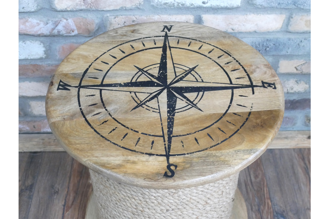 Nautical Rope Side Table with Compass Design – Coastal Style Wooden Spool Table