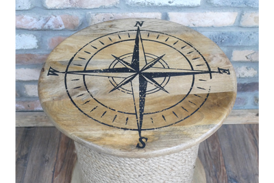 Nautical Rope Side Table with Compass Design – Coastal Style Wooden Spool Table