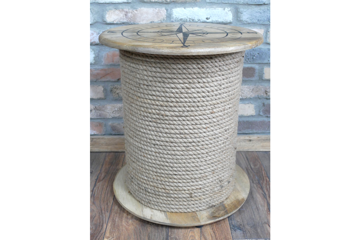 Nautical Rope Side Table with Compass Design – Coastal Style Wooden Spool Table