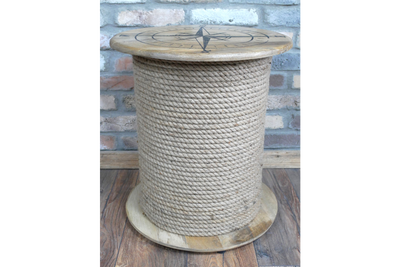 Nautical Rope Side Table with Compass Design – Coastal Style Wooden Spool Table