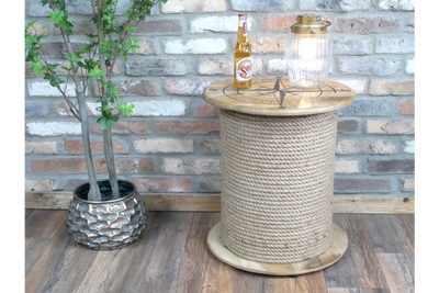 Nautical Rope Side Table with Compass Design – Coastal Style Wooden Spool Table