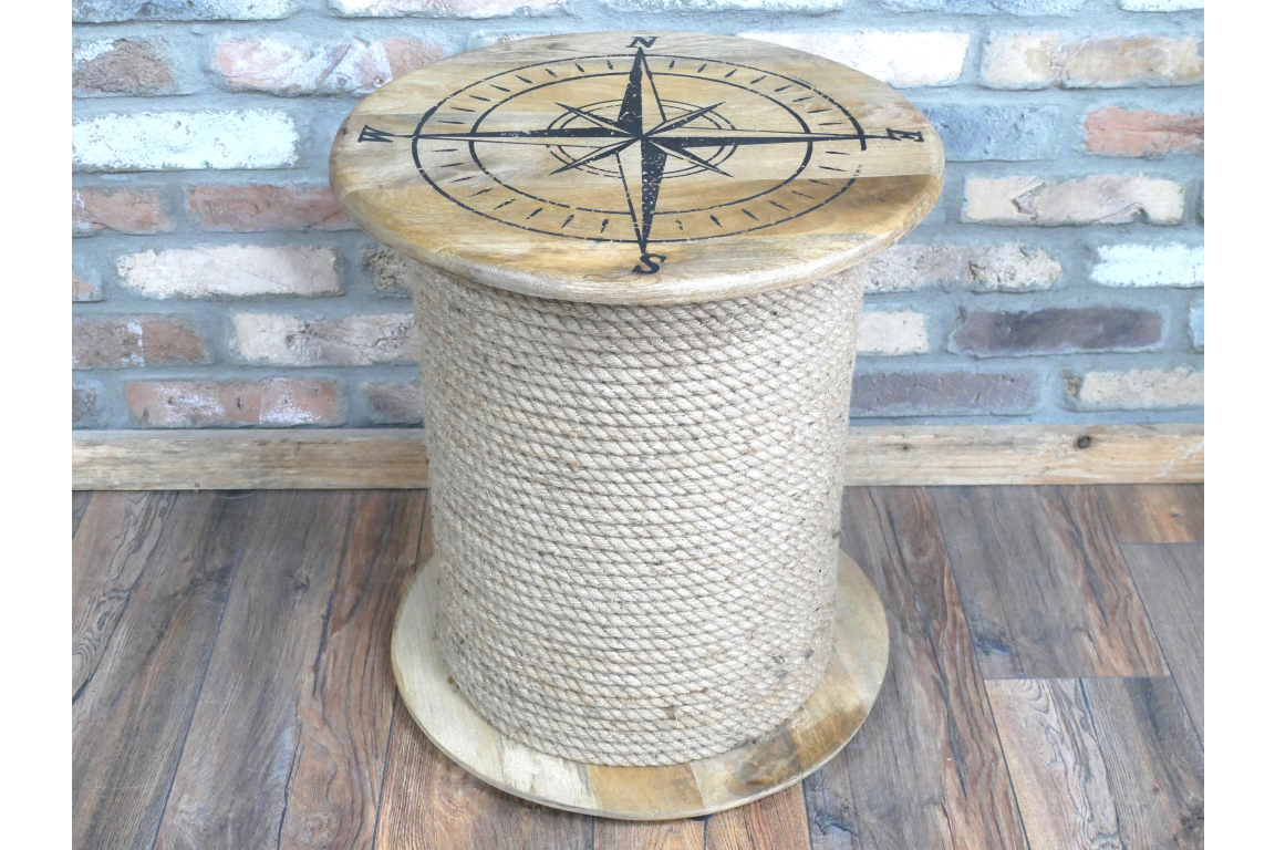 Nautical Rope Side Table with Compass Design – Coastal Style Wooden Spool Table