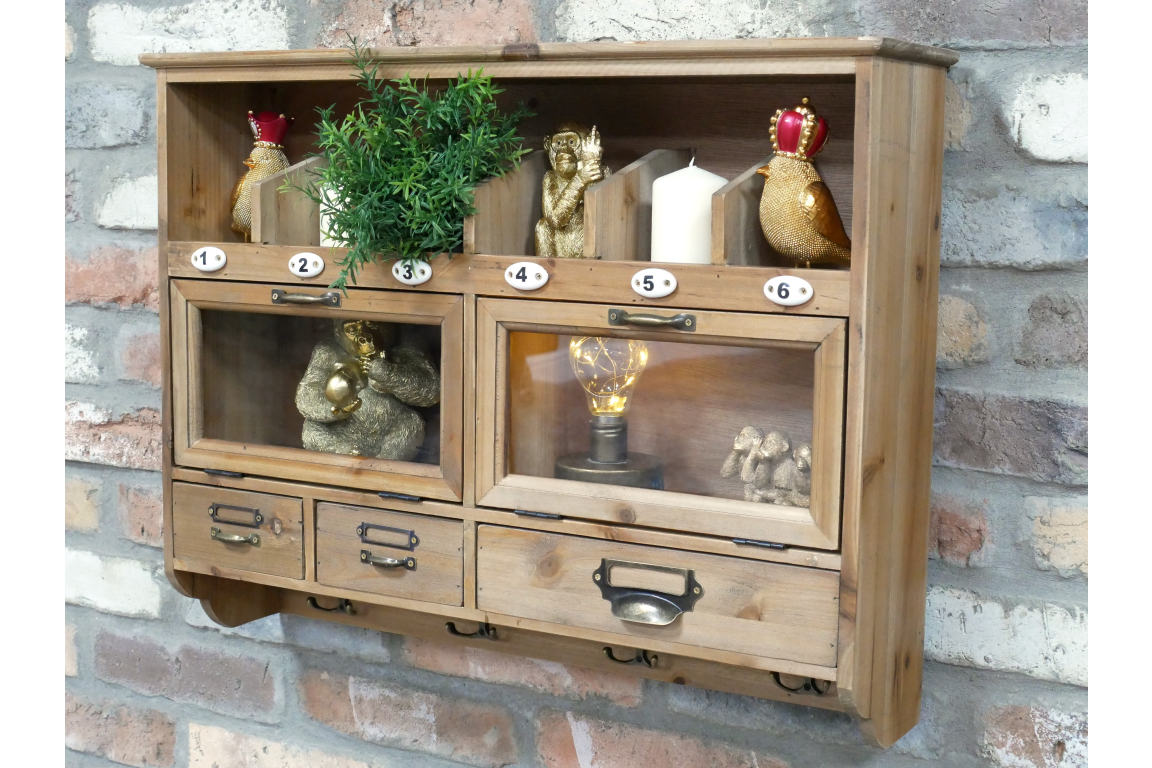 Rustic Wooden Wall Storage Unit with Drawers, Glass Cupboards