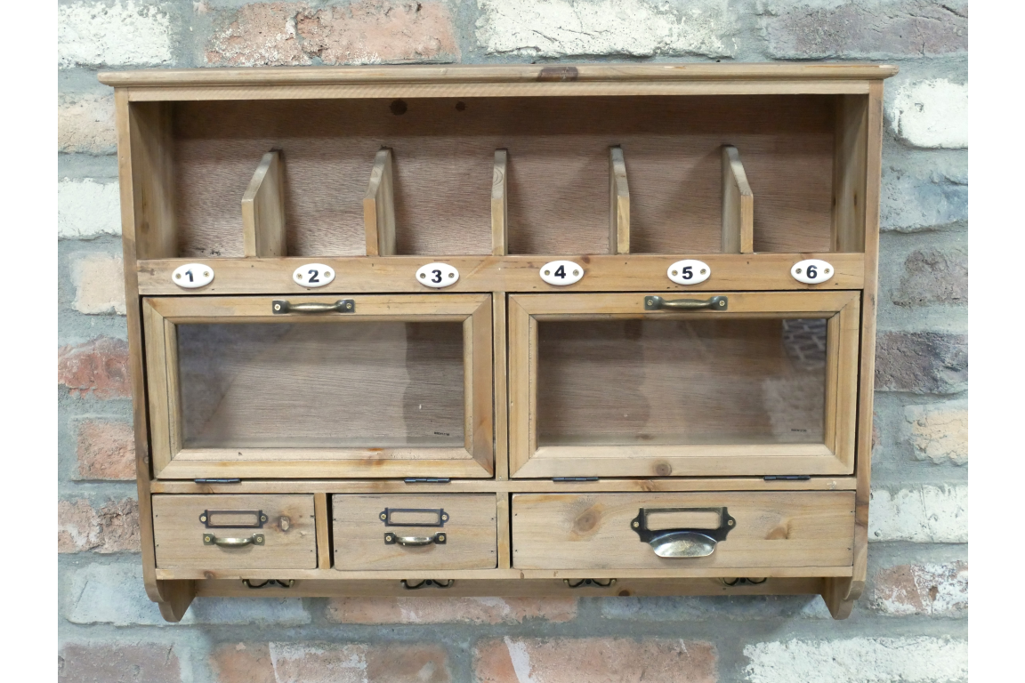 Rustic Wooden Wall Storage Unit with Drawers, Glass Cupboards