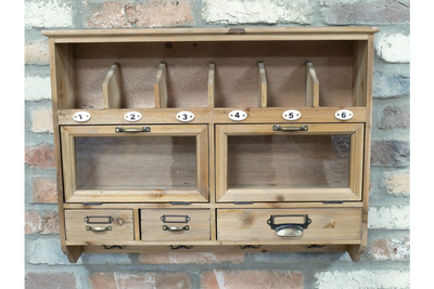 Rustic Wooden Wall Storage Unit with Drawers, Glass Cupboards