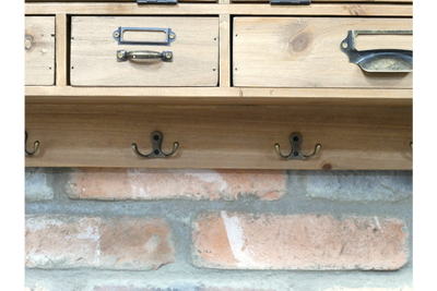 Rustic Wooden Wall Storage Unit with Drawers, Glass Cupboards