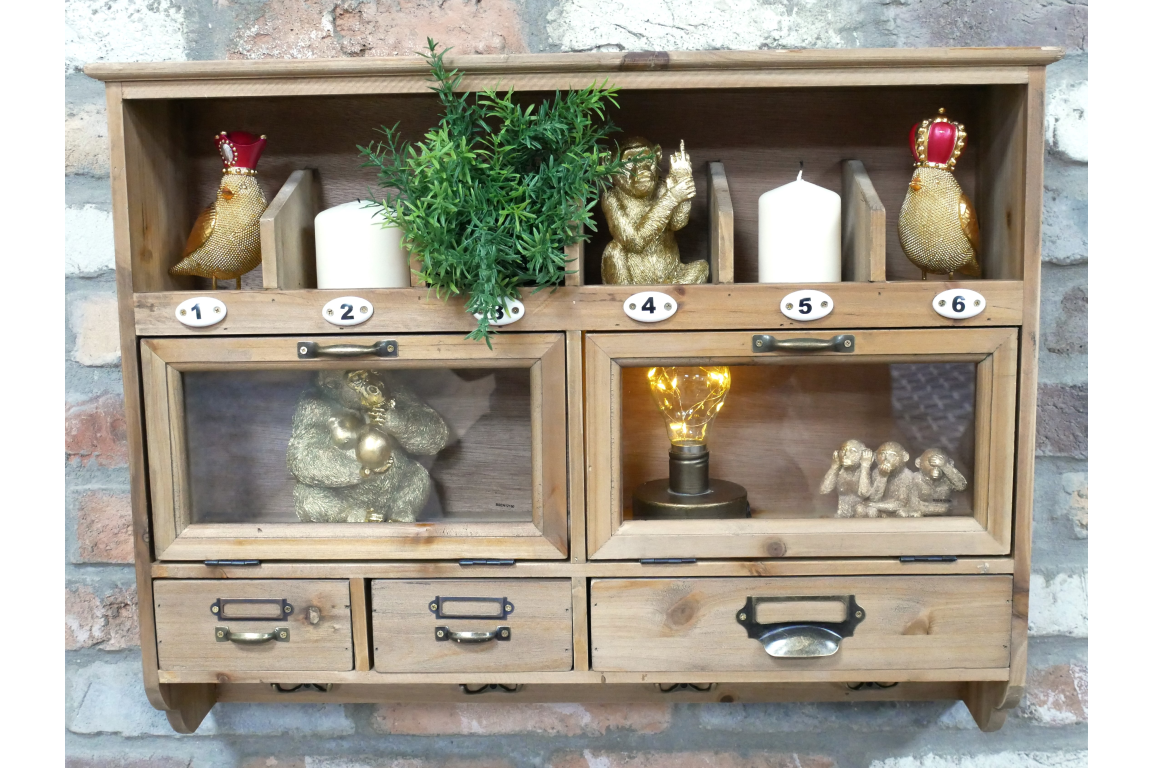 Rustic Wooden Wall Storage Unit with Drawers, Glass Cupboards