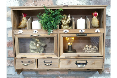 Rustic Wooden Wall Storage Unit with Drawers, Glass Cupboards