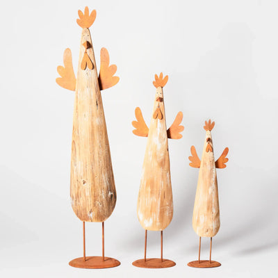 Country Style Wooden Chickens on Metal Legs