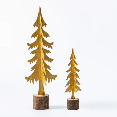 Metal Christmas Tree Ornament with Gold Finish on a Wooden Base