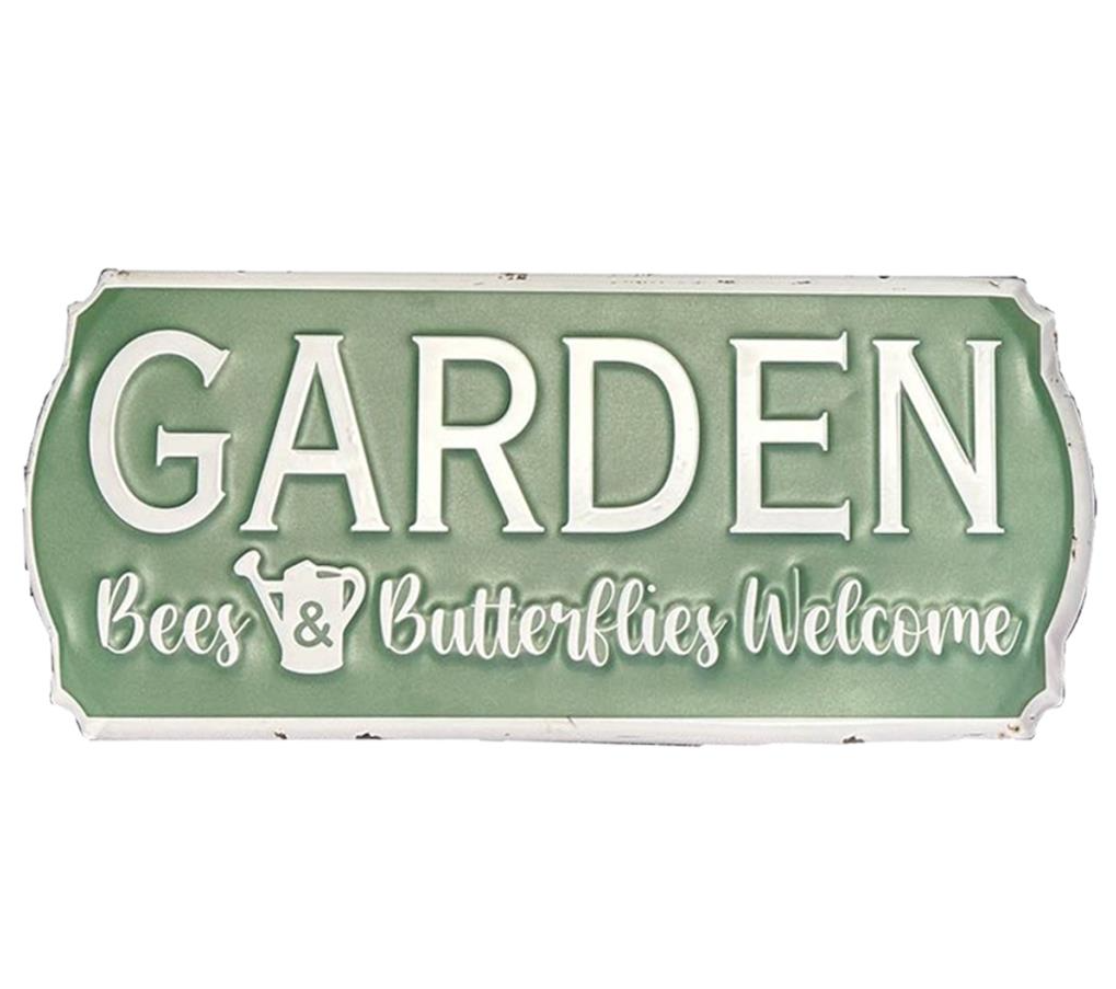 Green Metal Garden Sign – "Bees & Butterflies Welcome" Rustic Outdoor Wall Plaque