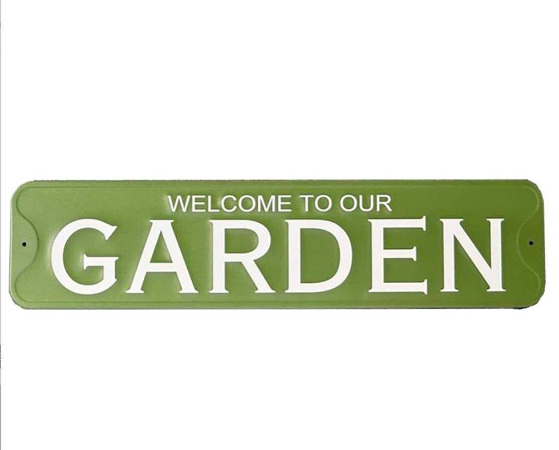 Green Metal "Welcome to Our Garden" Sign – Outdoor Garden Wall Plaque