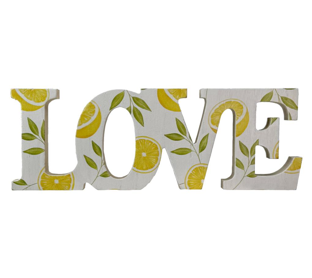 Wooden LOVE Shelf Sitter with Lemon and Leaf Pattern
