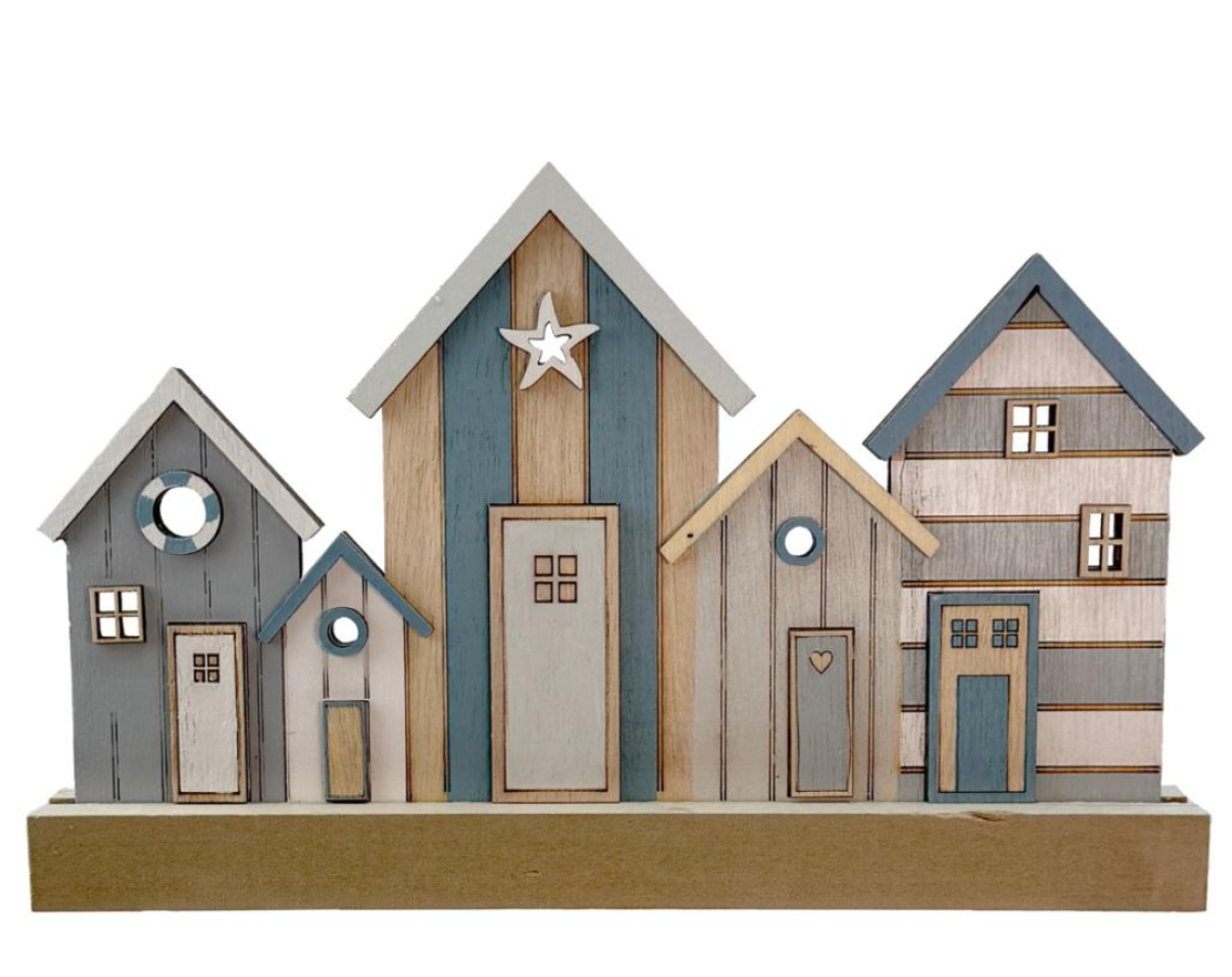 Beach Hut Coastal Scene On Wooden Plinth