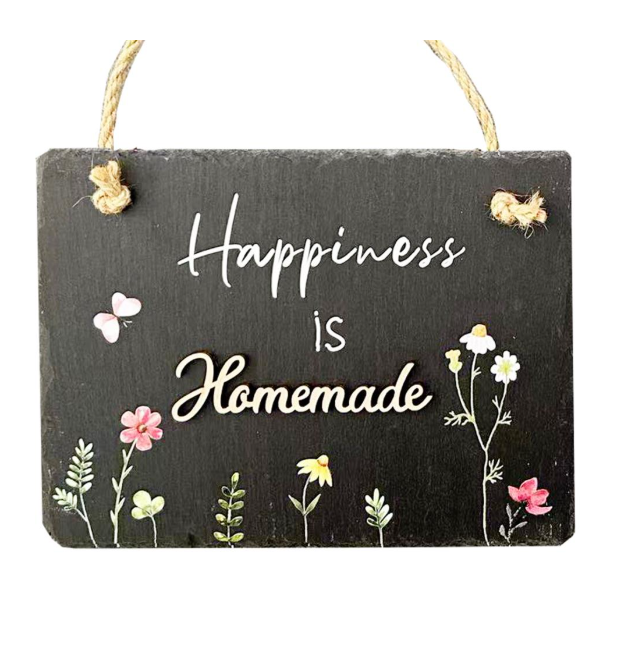 Happiness is Homemade Hanging Slate Sign with Flowers