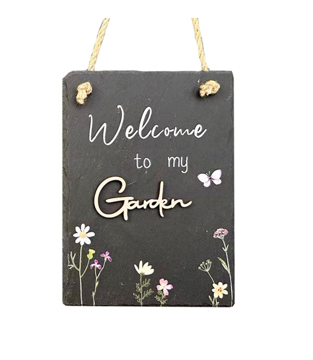 Welcome to My Garden Hanging Slate Sign with Floral Design