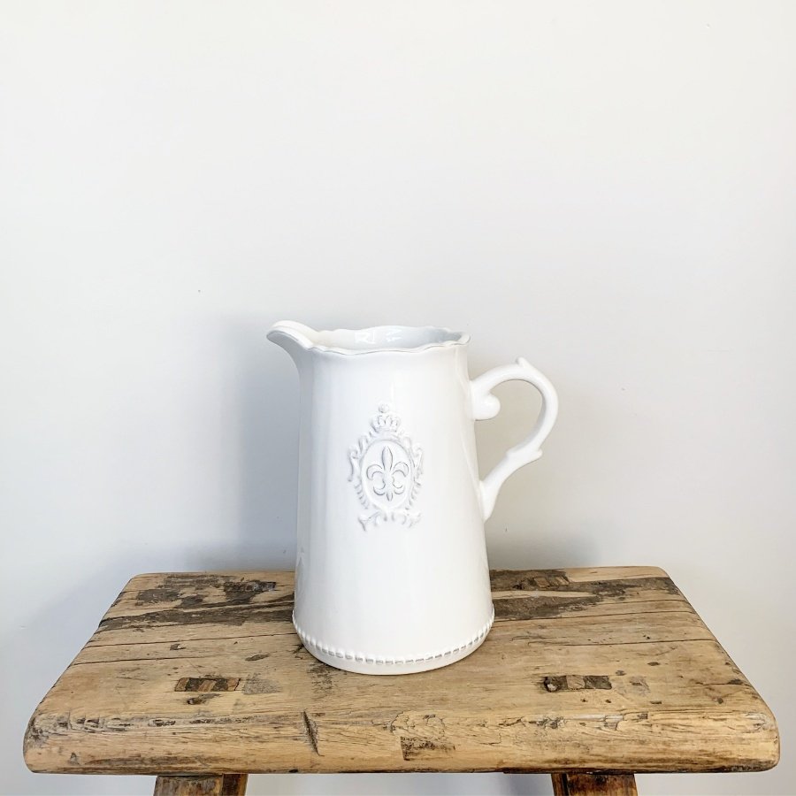 White Vintage Style Ceramic Jug with Embossed Fleur-de-Lis Design