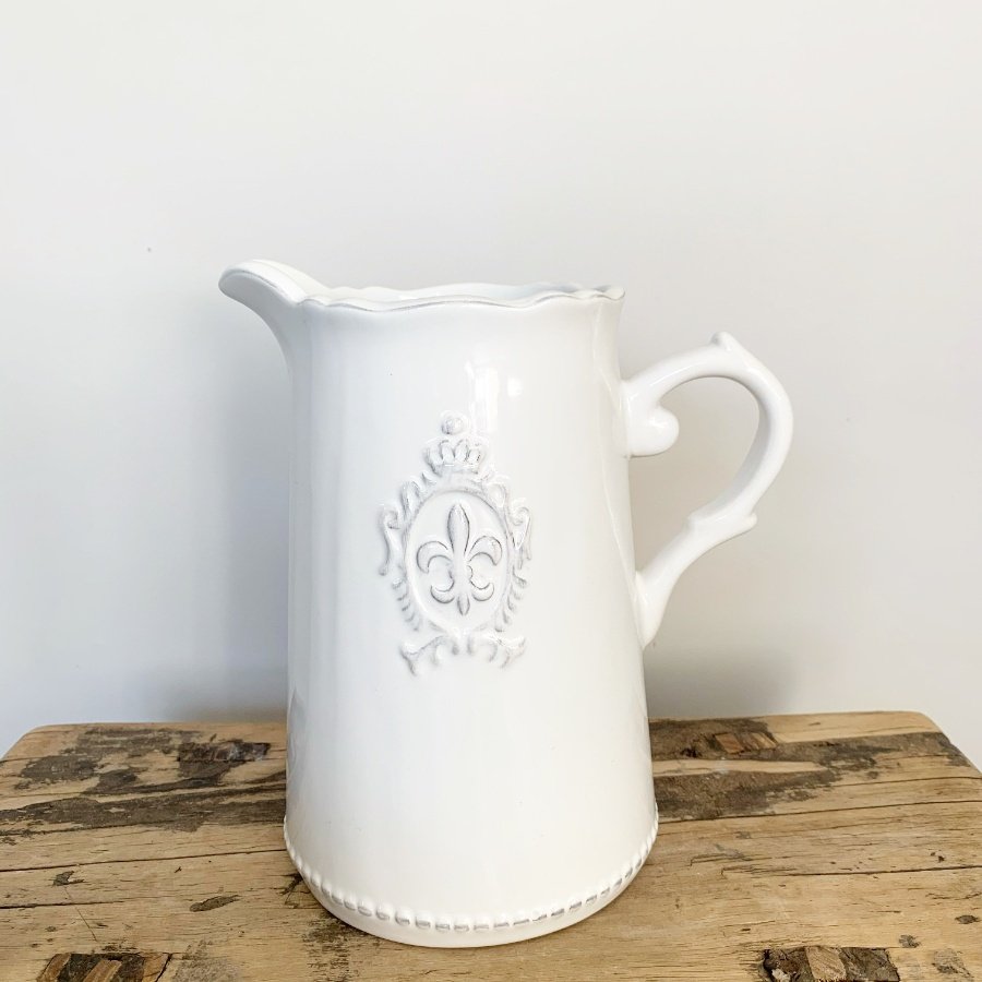White Vintage Style Ceramic Jug with Embossed Fleur-de-Lis Design