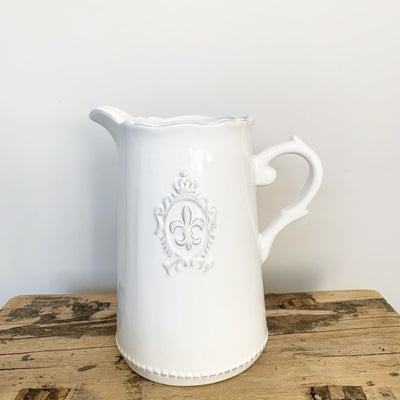 White Vintage Style Ceramic Jug with Embossed Fleur-de-Lis Design