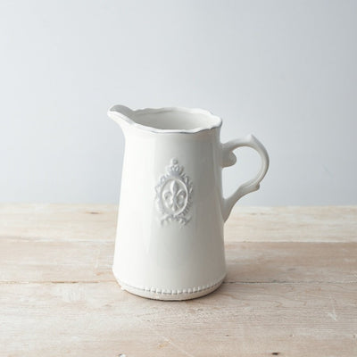 White Vintage Style Ceramic Jug with Embossed Fleur-de-Lis Design