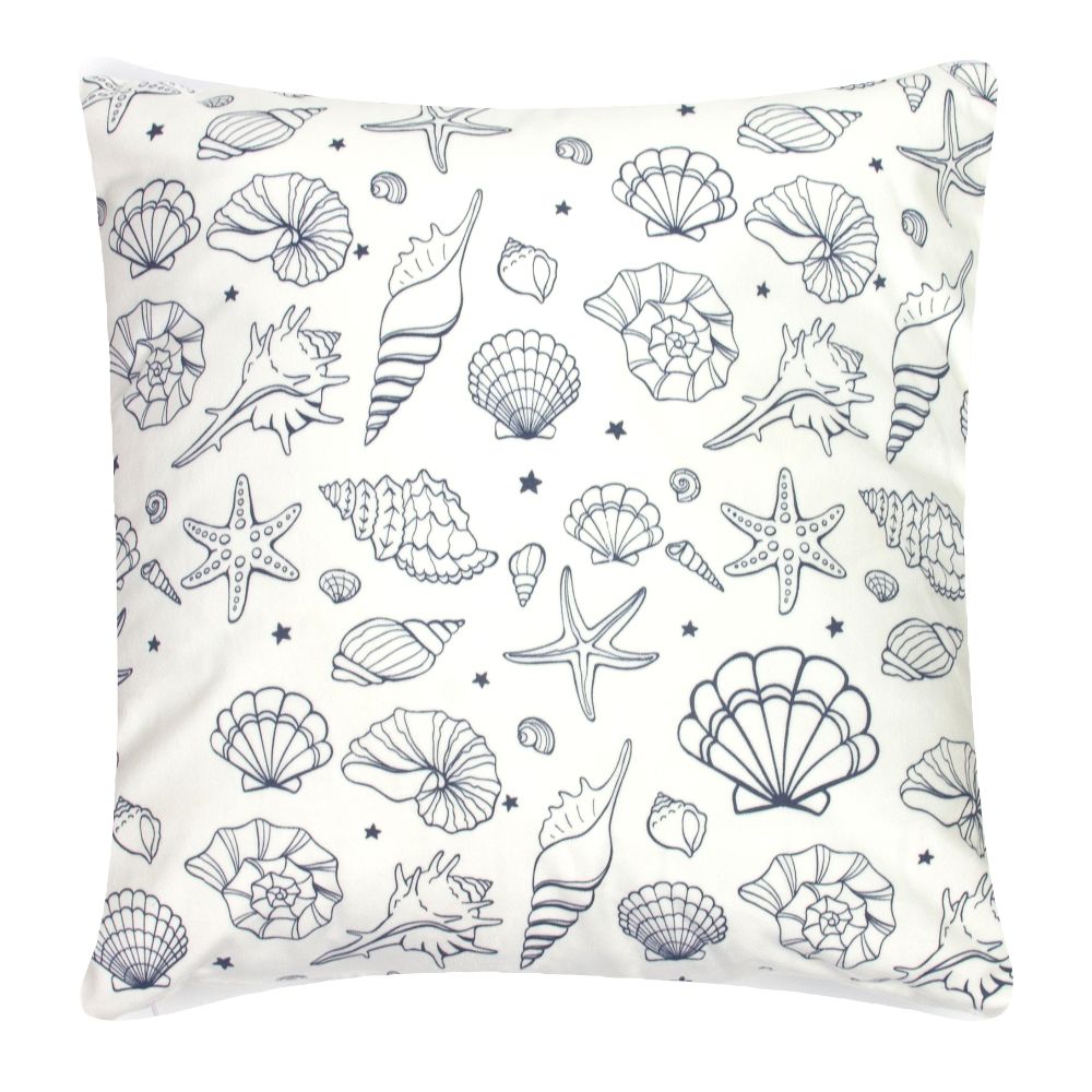 Seashell & Starfish Cushion – Nautical White Pillow with Marine Motif
