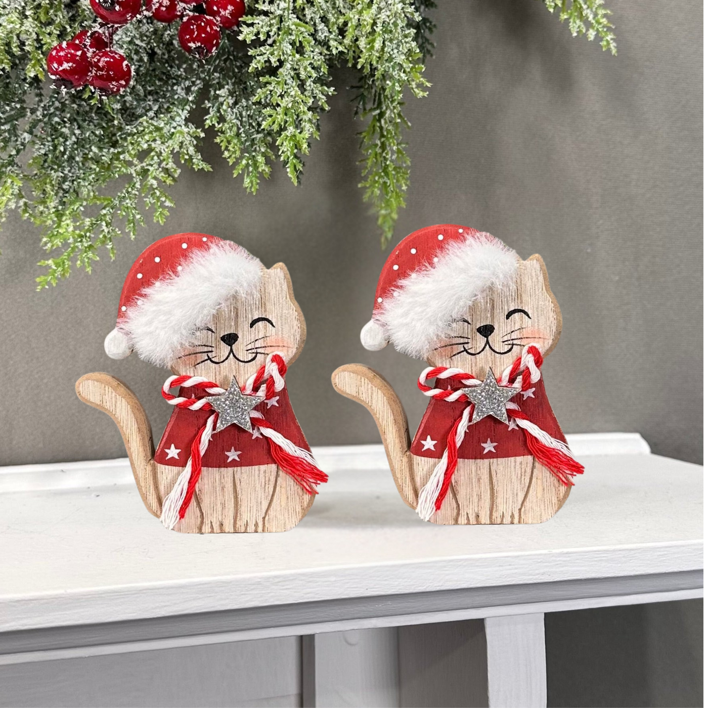 Pair of Festive Wooden Cat Ornaments with Santa Hat