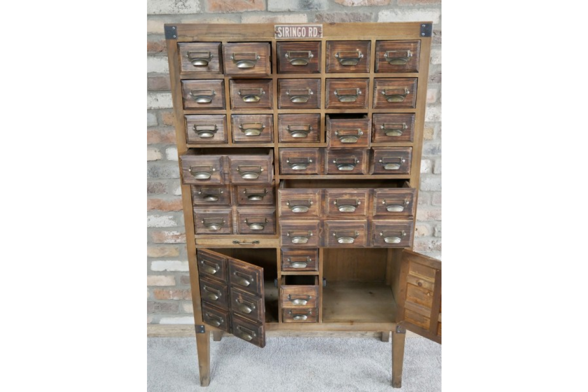 Industrial Style Wooden Multi Drawer Cabinet – Dark Storage Unit with Label Holders