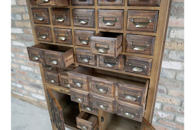 Industrial Style Wooden Multi Drawer Cabinet – Dark Storage Unit with Label Holders