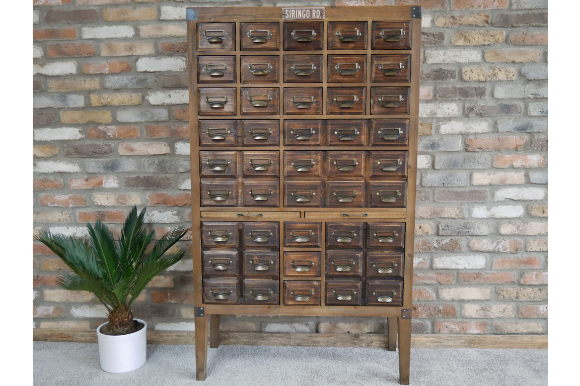 Industrial Style Wooden Multi Drawer Cabinet – Dark Storage Unit with Label Holders