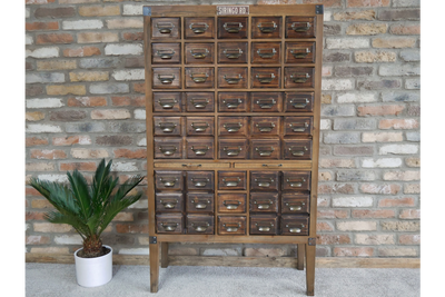 Industrial Style Wooden Multi Drawer Cabinet – Dark Storage Unit with Label Holders