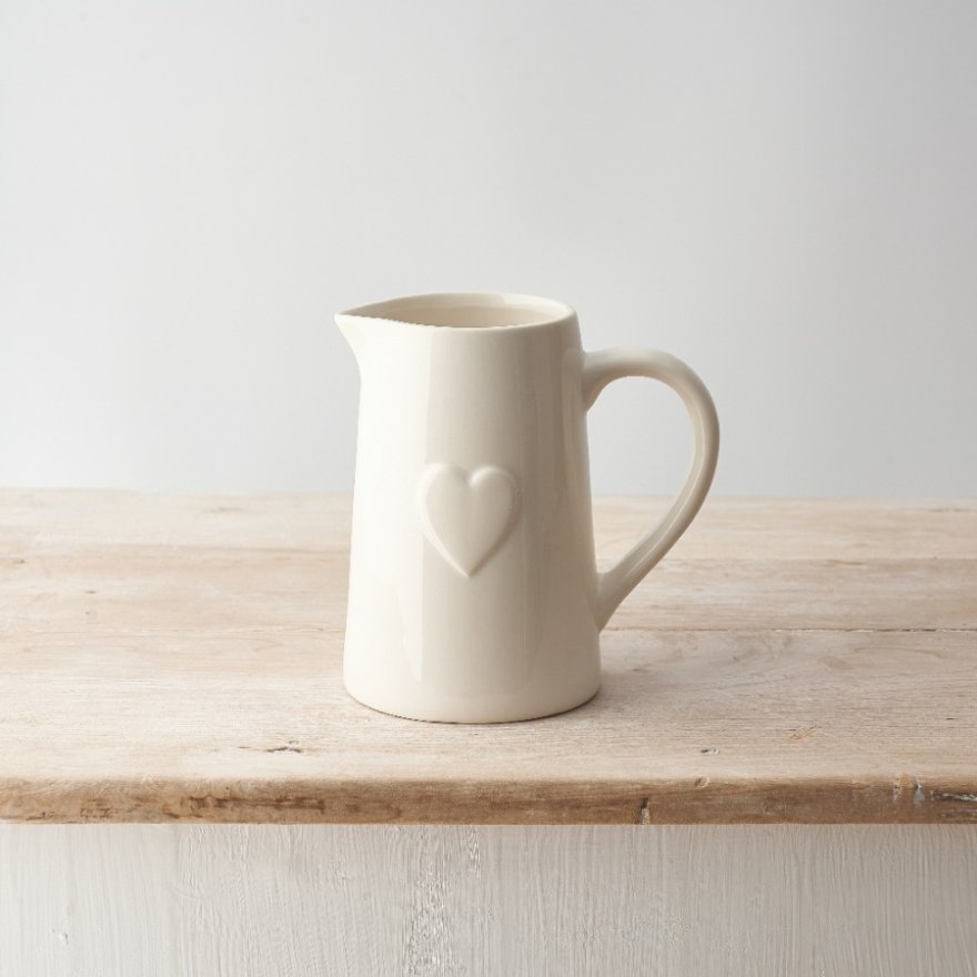 Country Cream Ceramic Heart Jug – Rustic Farmhouse Pitcher Vase